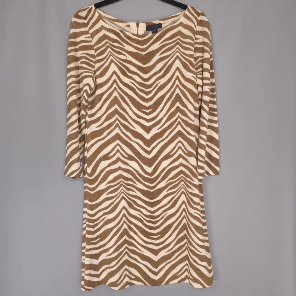 J.CREW COLLECTION 100% MERINO WOOL Zebra‎ Print 3/4 Sleeve Knit Mini Dress SMALL